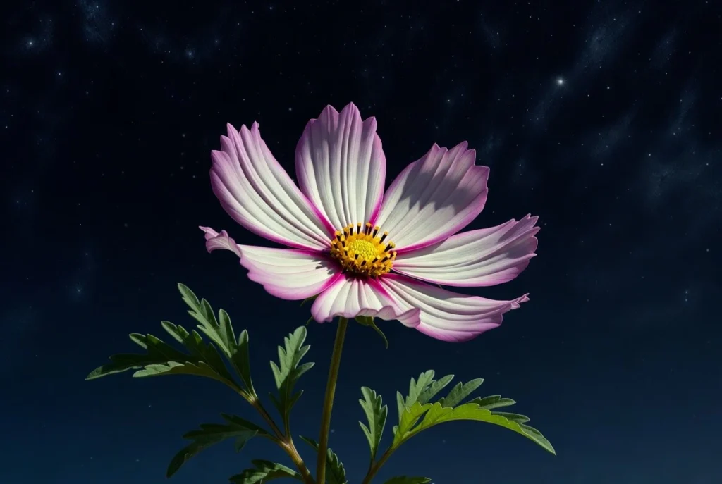 Close-up of vibrant cosmos flower with delicate petals