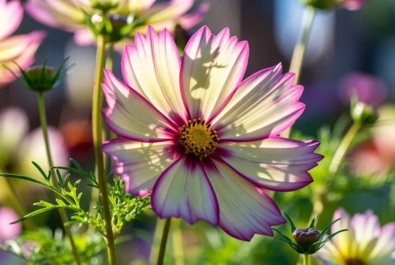 Bright purple cosmos flower blooming in spring garden