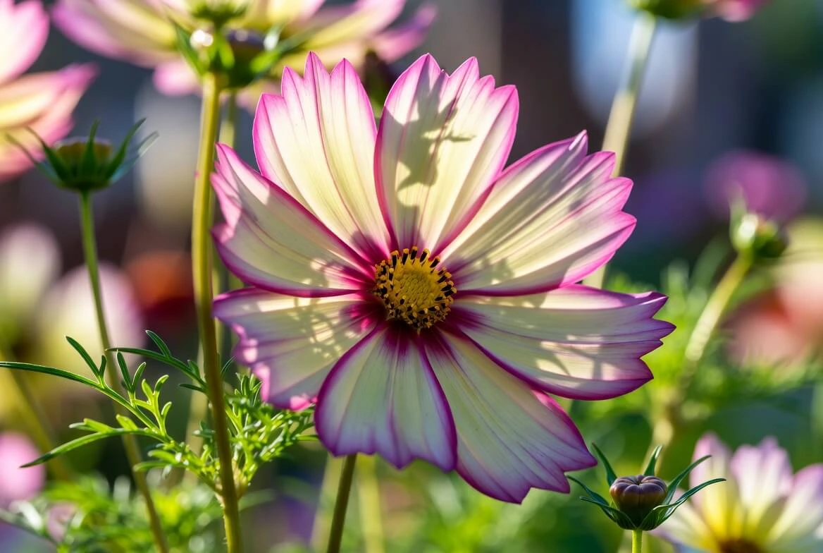 Bright purple cosmos flower blooming in spring garden