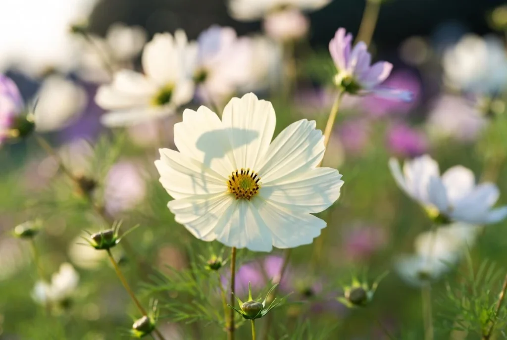 Field of colorful cosmos flowers swaying in the breeze