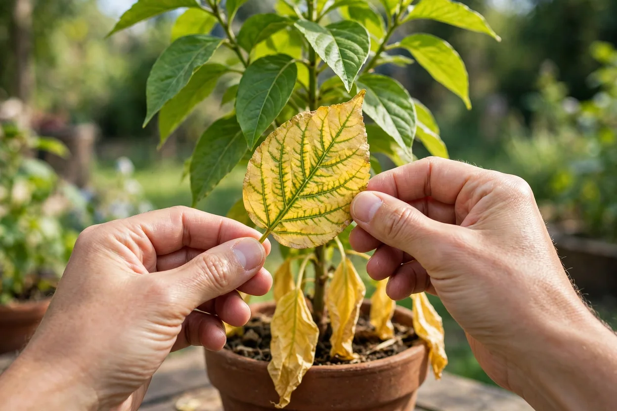 Checking where yellowing starts on a plant to diagnose the cause of yellow leaves