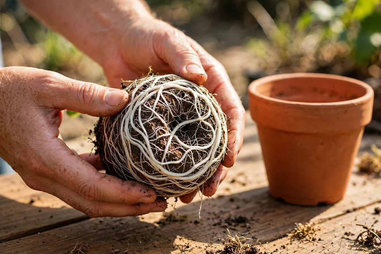 Checking a root ball for circling roots before repotting