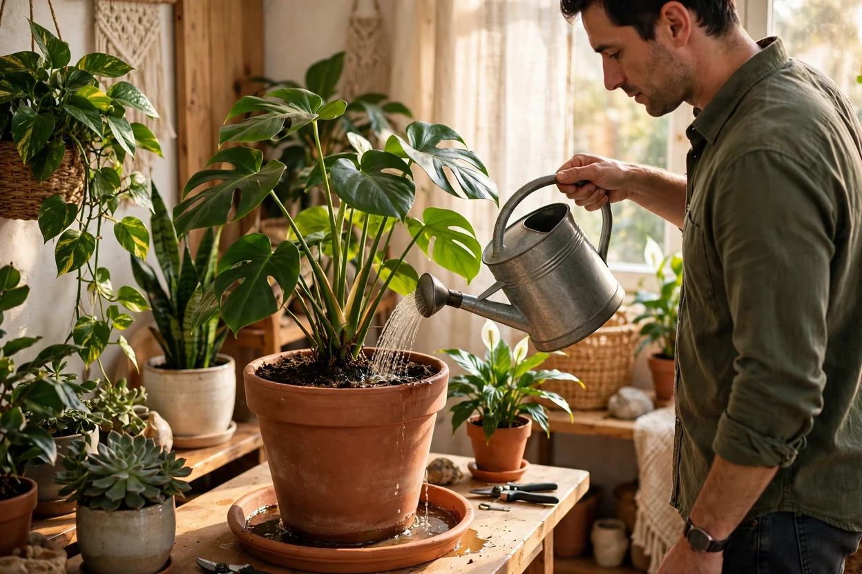Pouring diluted liquid fertilizer evenly over moist potting mix