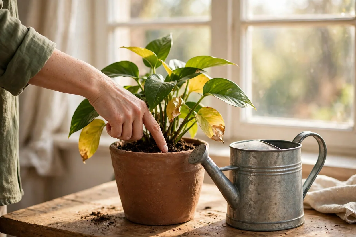 Checking soil moisture by finger before watering a plant with yellow leaves