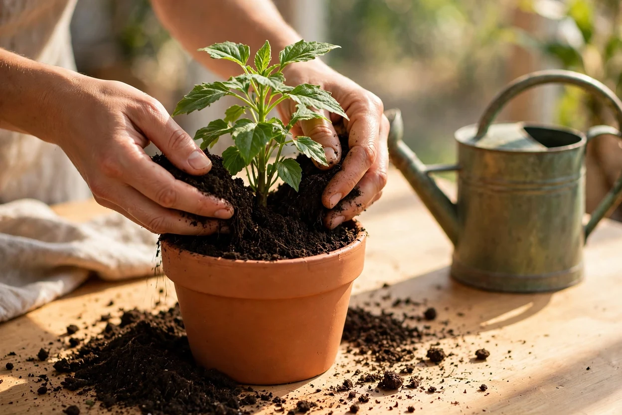 Filling fresh potting mix around a plant in its new pot