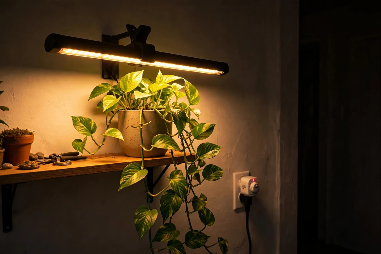 A full-spectrum LED grow light shining on a pothos plant in a windowless room