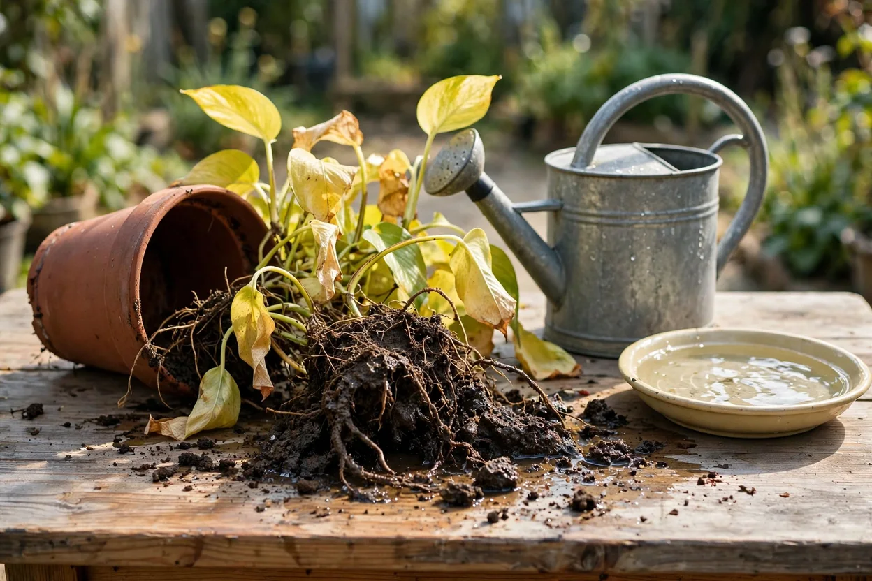 Checking an overwatered plant's roots for brown, mushy root rot