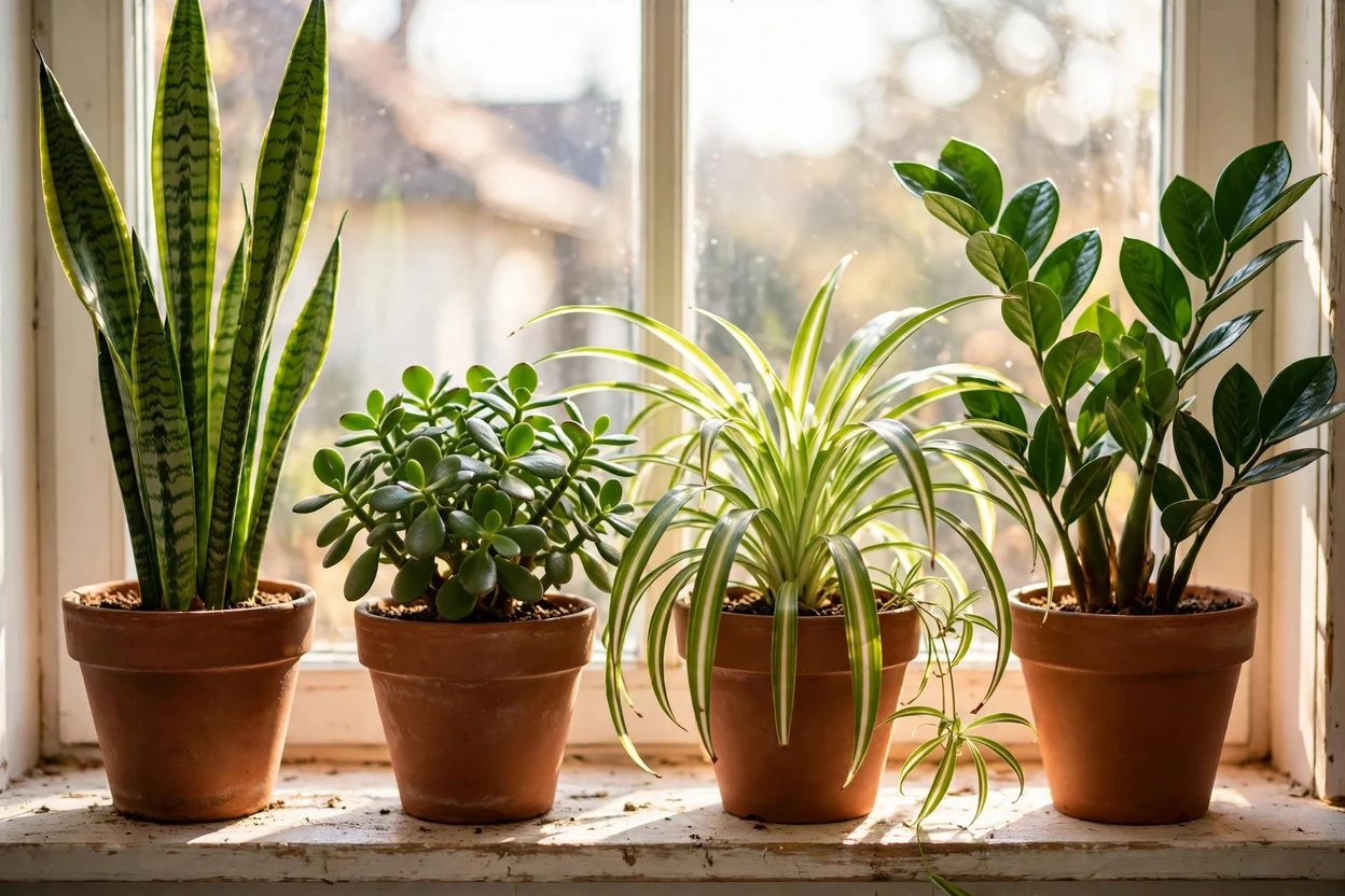 Snake plant, jade plant, spider plant and ZZ plant in terracotta pots