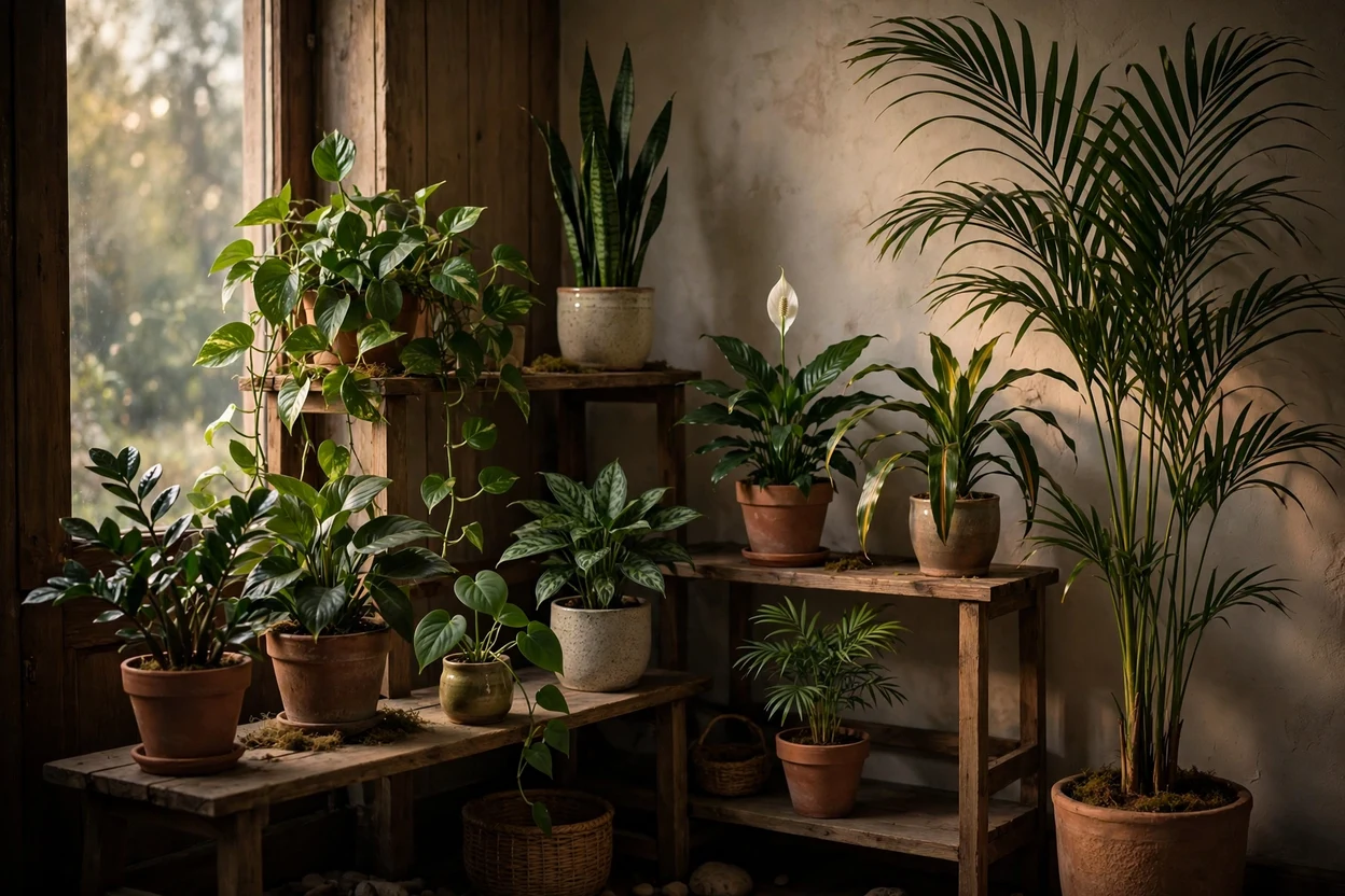 A collection of the best indoor plants for low light arranged on shelves in a dim room