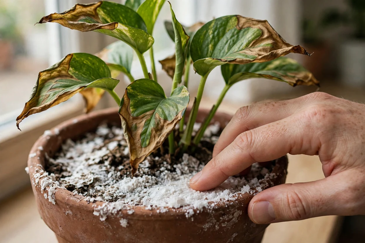 White salt crust on potting mix and brown leaf tips from over-fertilizing