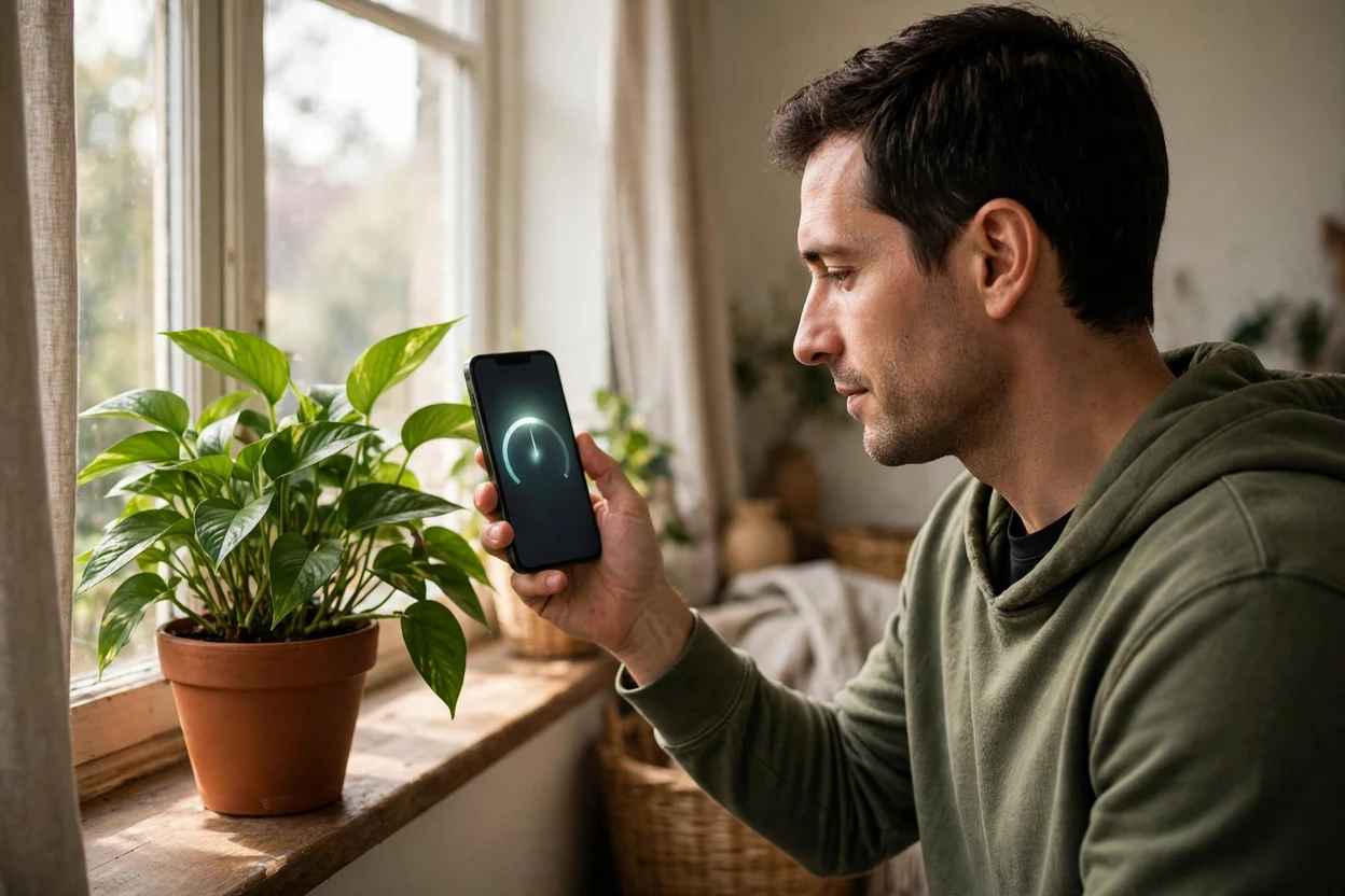 Measuring light at leaf height near a north-facing window with a phone lux app