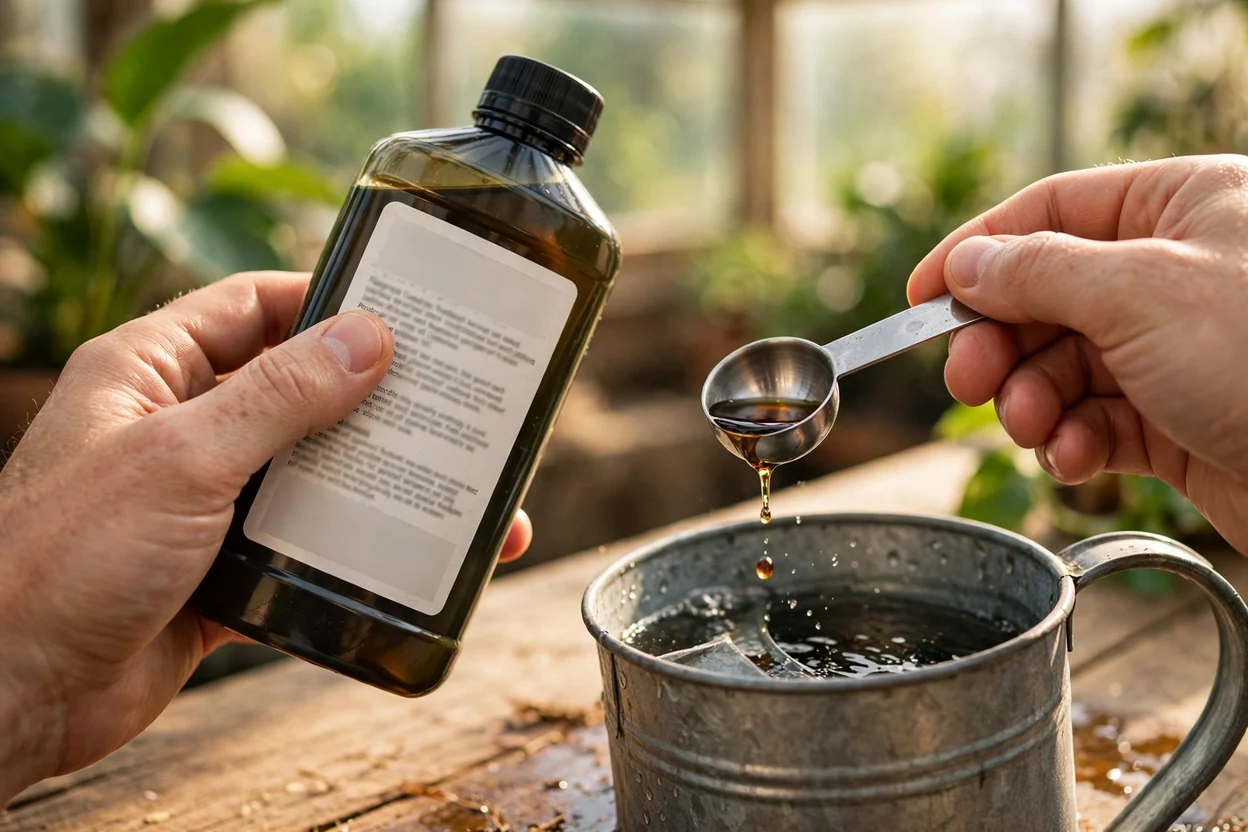 Reading an N-P-K fertilizer label before feeding houseplants