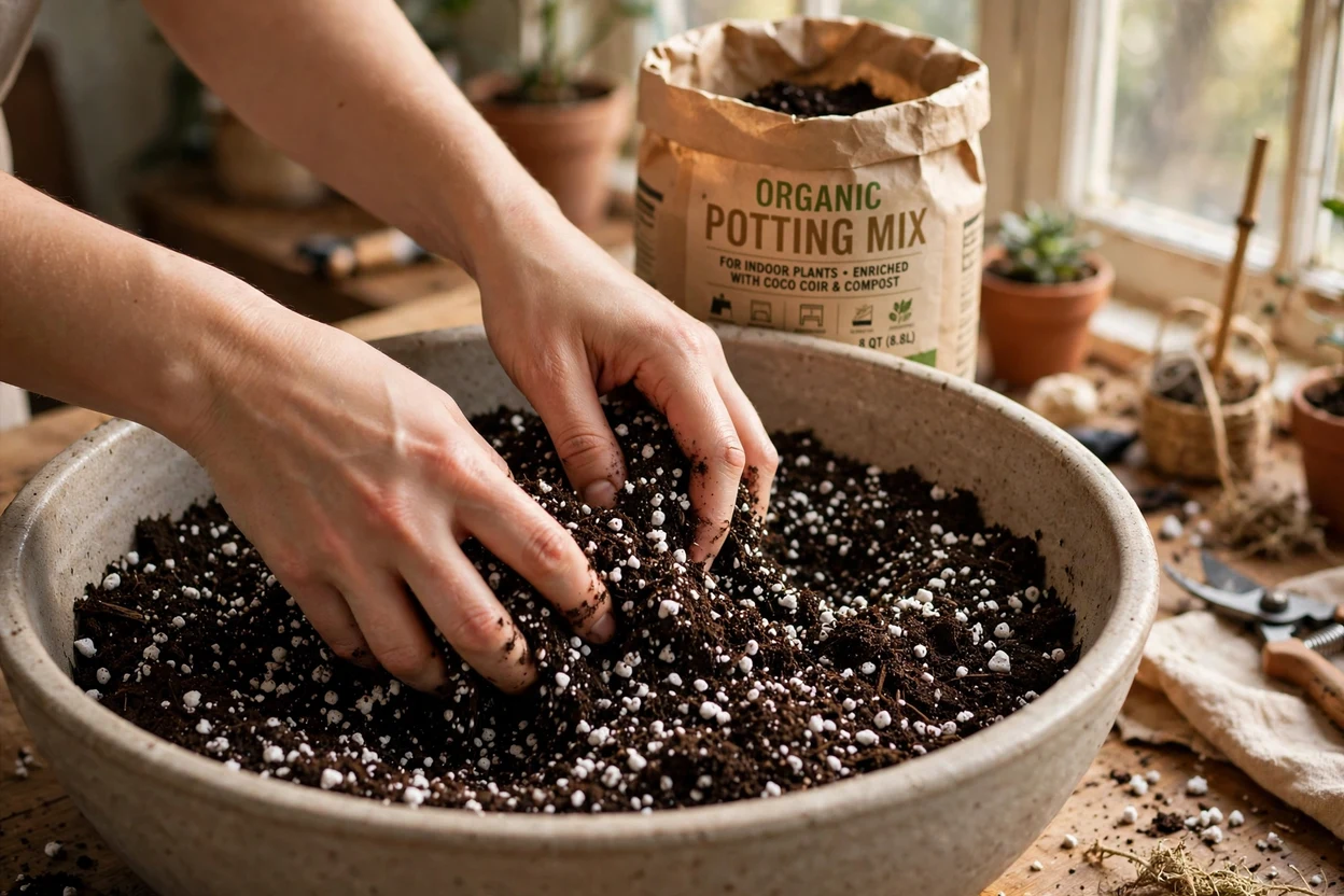 Mixing indoor potting mix with perlite for repotting