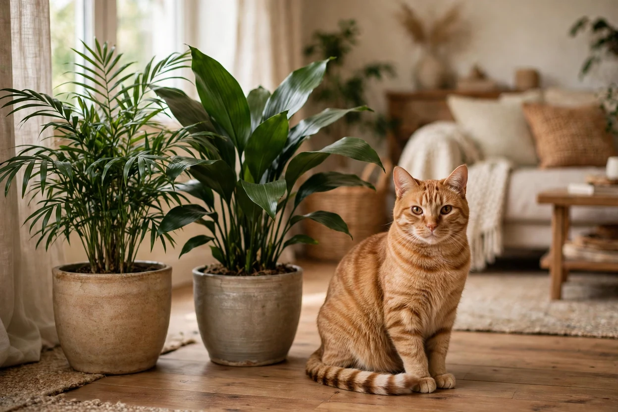 A cat sitting safely beside non-toxic low light plants in a living room