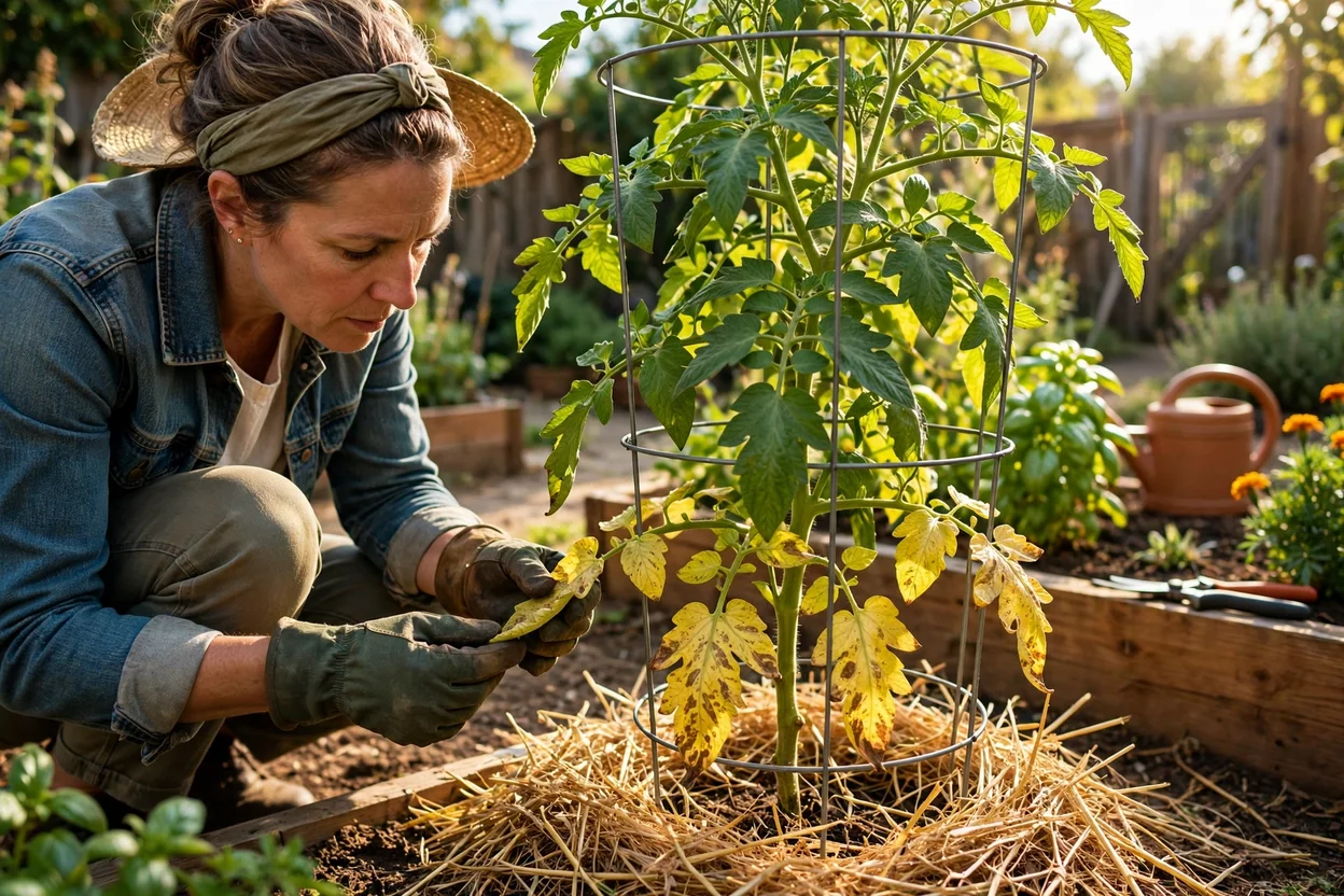 Inspecting yellow lower leaves with brown spots on a tomato plant in the garden